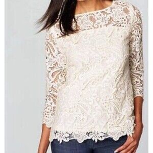 J. Jill Lace Overlay Top 3/4 Sleeve Off White Size S Small NWT!!!